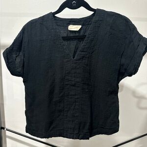 Black V-Neck Linen Women's Top